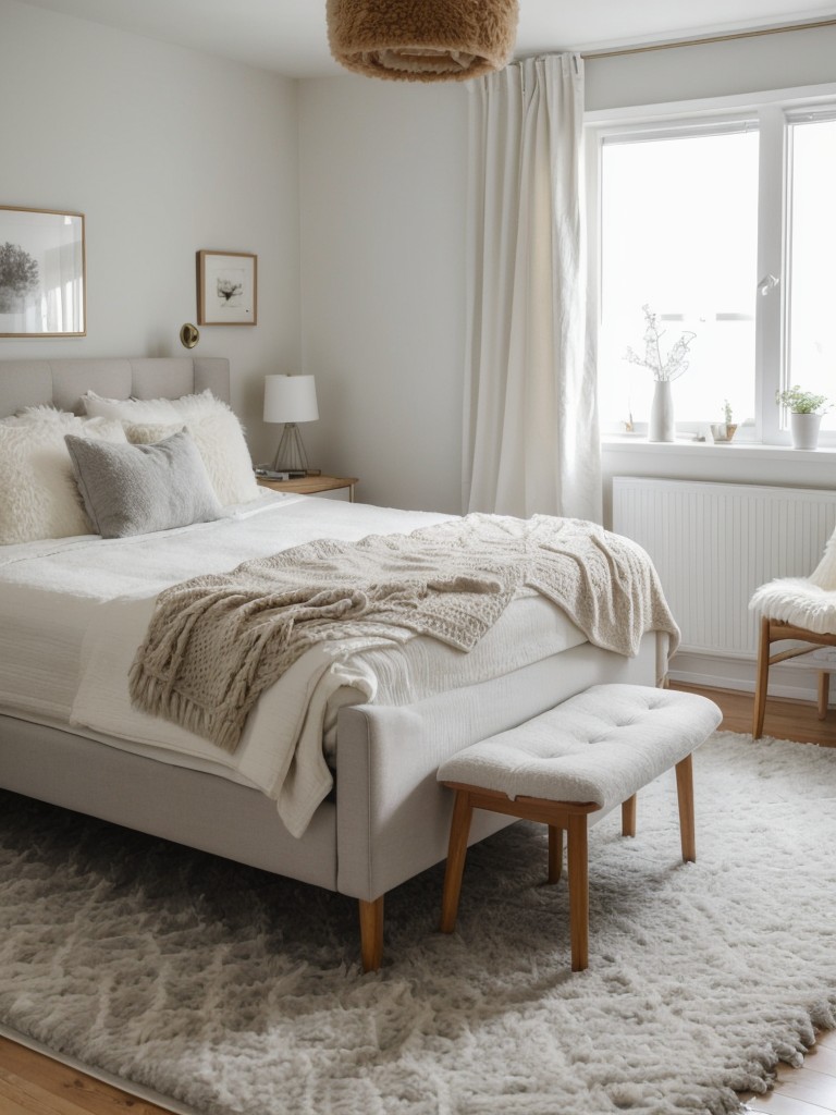 Cozy Scandinavian Bedroom Ideas: Faux Fur Rugs & Knitted Poufs for a Inviting Vibe!