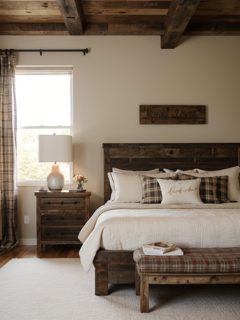 Rustic Beige Bedroom Decor: Reclaimed Wood and Cozy Plaid Bliss!