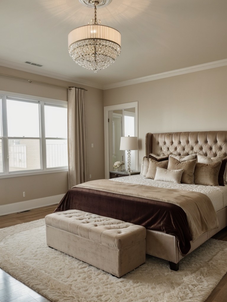 Beige Bedroom Bliss: Elevate Your Space with Velvet, Rugs, & Chandeliers!