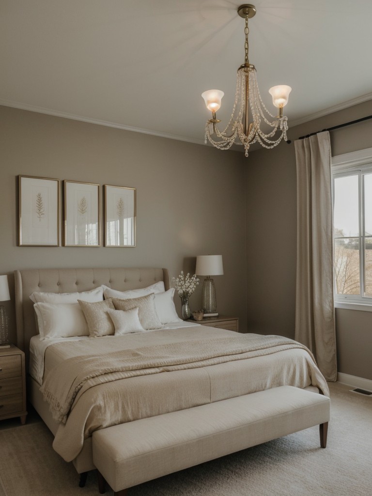 Chic Beige Bedroom Bliss: Elevate your space with a stunning chandelier!