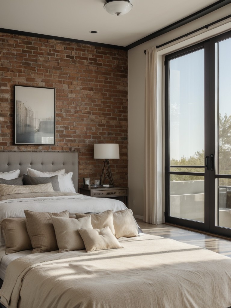 Cozy Beige Bedroom with Industrial Vibe: Metal Accents & Exposed Brick