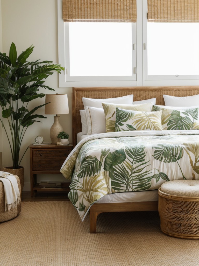 Beige Bedroom: Create a Tropical Oasis with Leaf Prints and Rattan Furniture