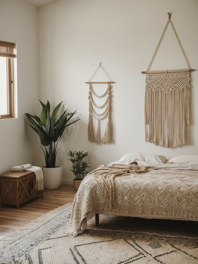 Chic, Moroccan-inspired apartment decor: Beige bedroom, macrame, and more!