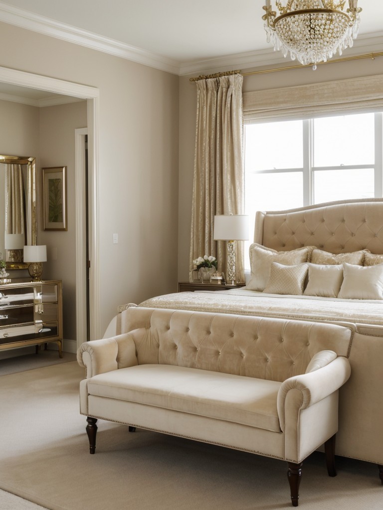 Beige Bliss: Elevate Your Apartment with Velvet Drapes and a Tufted Bench