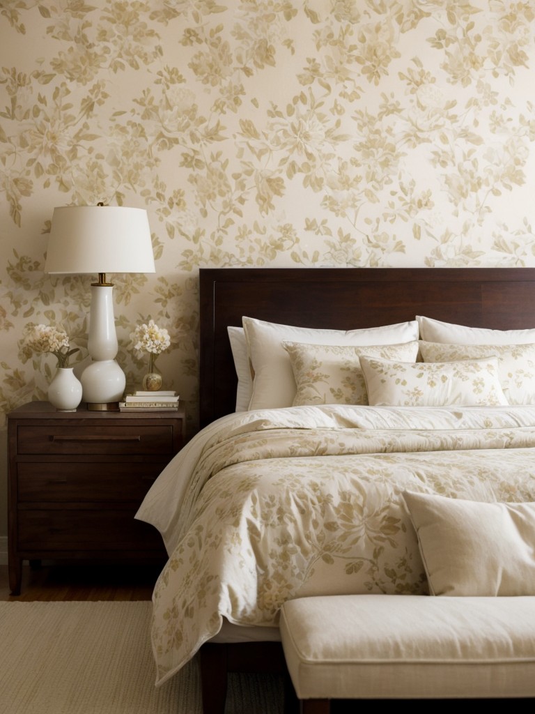 Create a Serene Oasis: Beige Bedroom Decor with Floral Wallpaper & Vintage Accents