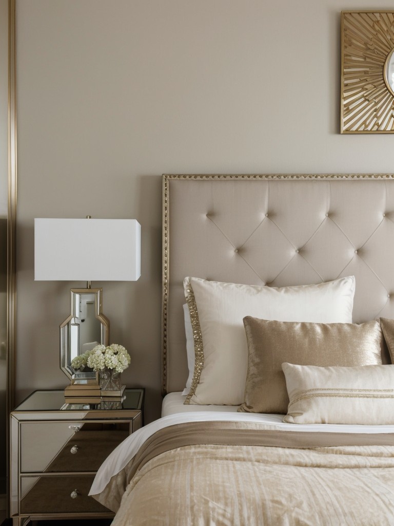 Serene Beige Bedroom with Tufted Headboard & Metallic Accents