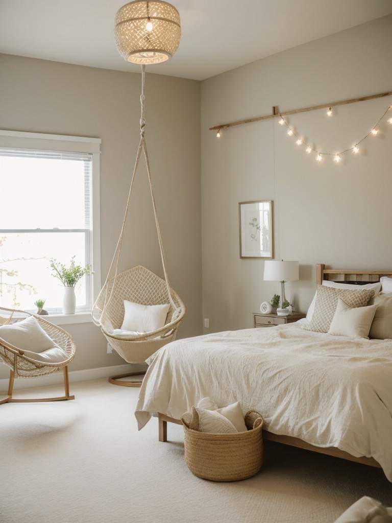 Beige Bedroom Bliss: Create an Oasis with Fairy Lights & Hanging Chairs!