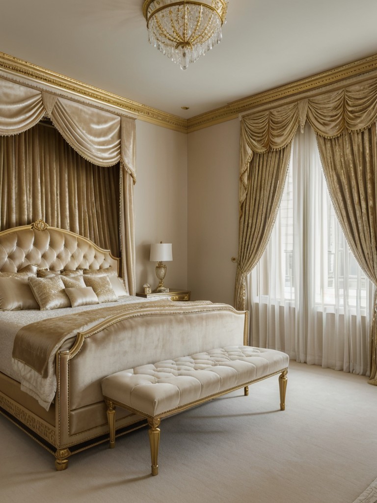 Luxurious Beige Bedroom: Create a Serene Oasis with Velvet Drapes and Gold Accents!