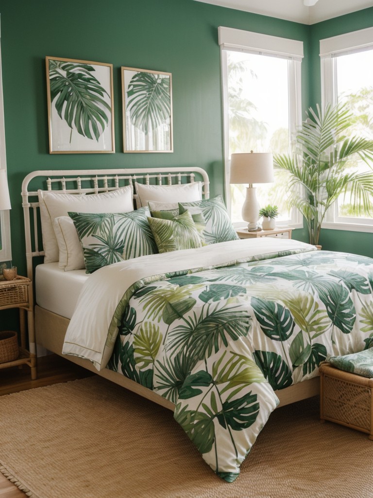 Create a Tropical Paradise in Your Bedroom with Leaf Print Bedding and Rattan Furniture!