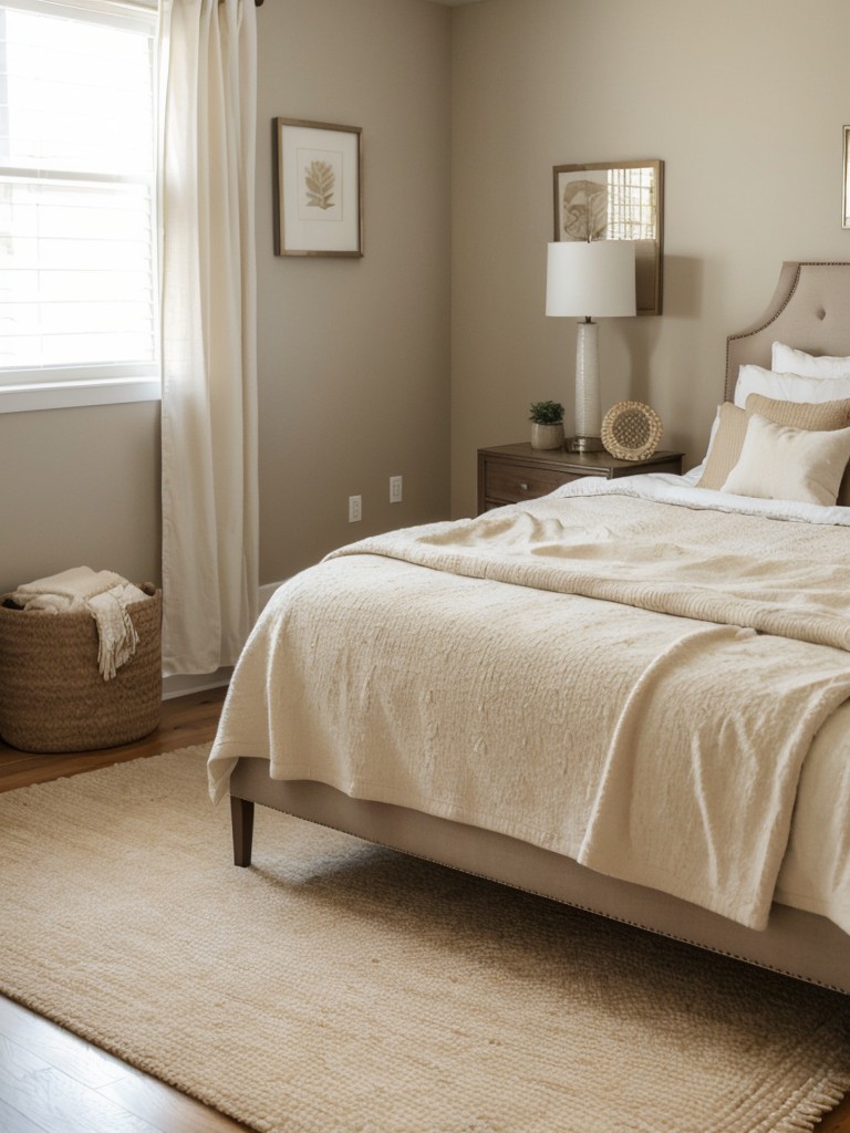 Cozy up your bedroom with beige decor and a vibrant rug!