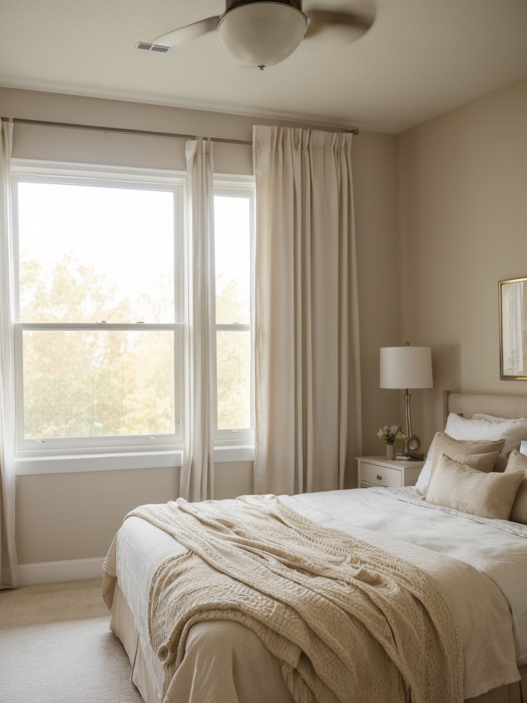 Cozy up your space with beige decor and elegant floor-to-ceiling curtains!