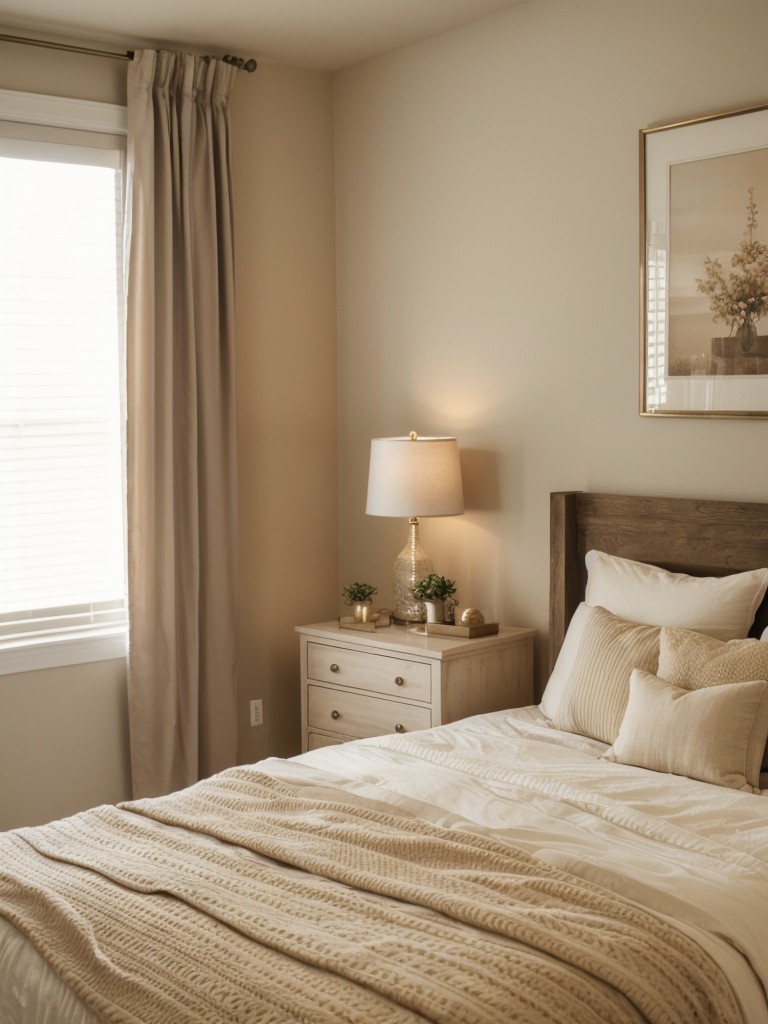 Cozy up your bedroom with warm beige decor and soft lighting!