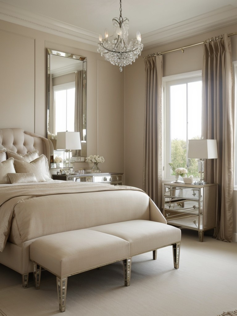 Transform Your Bedroom into a Glamorous Oasis with Beige Decor and Mirrored Furniture!