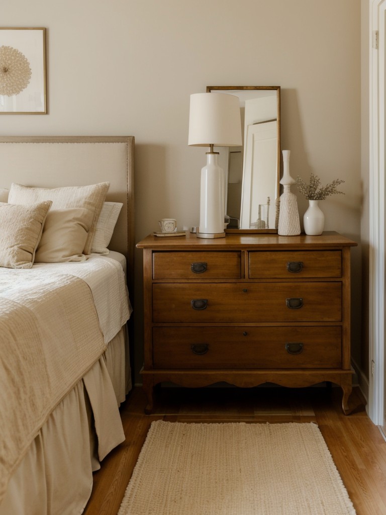 Cozy Beige Bedroom + Vintage Charm: Antique Dressers & Side Tables