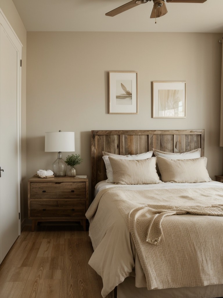 Cozy up your apartment with serene beige bedroom decor in rustic wood accents