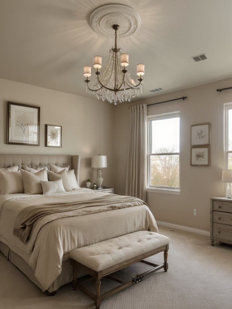 Chic Beige Bedroom: Elevate your space with a stunning statement chandelier!