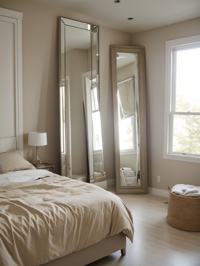 Beige Bedroom Decor: Timeless & Spacious with Full-Length Mirror