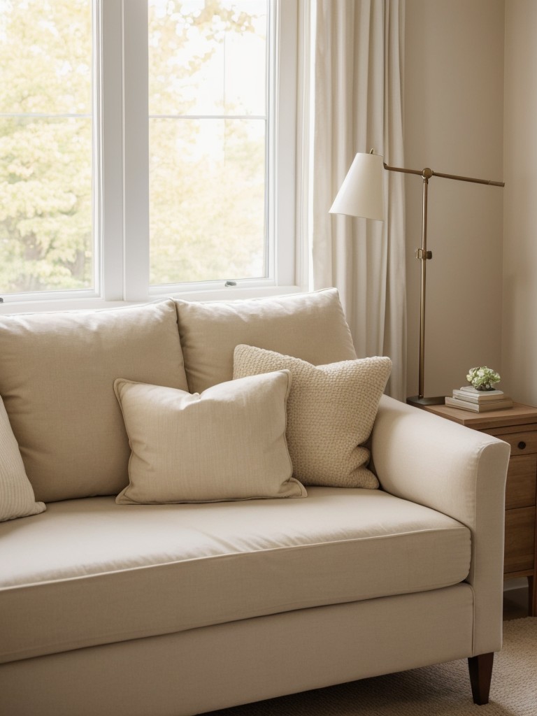 Cozy beige bedroom with window seat for ultimate relaxation.