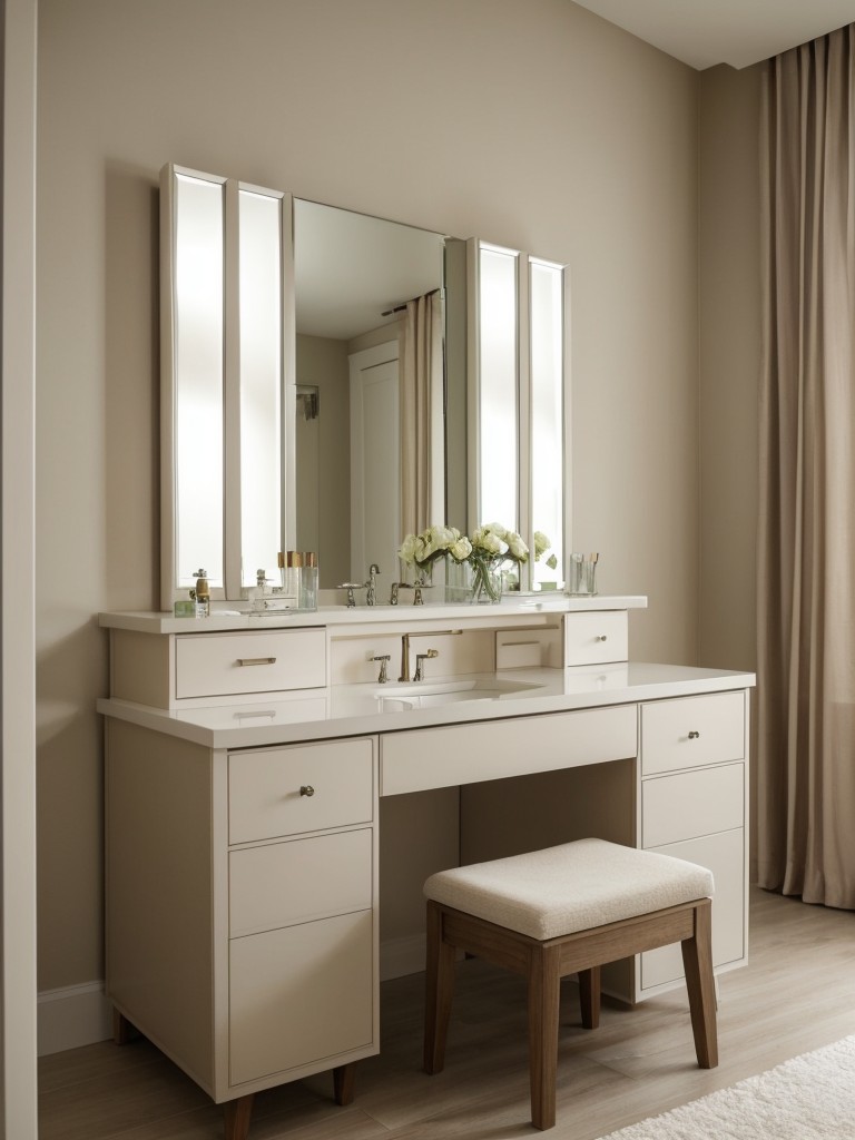 Cozy Beige Bedroom with Vanity and Stylish Storage.