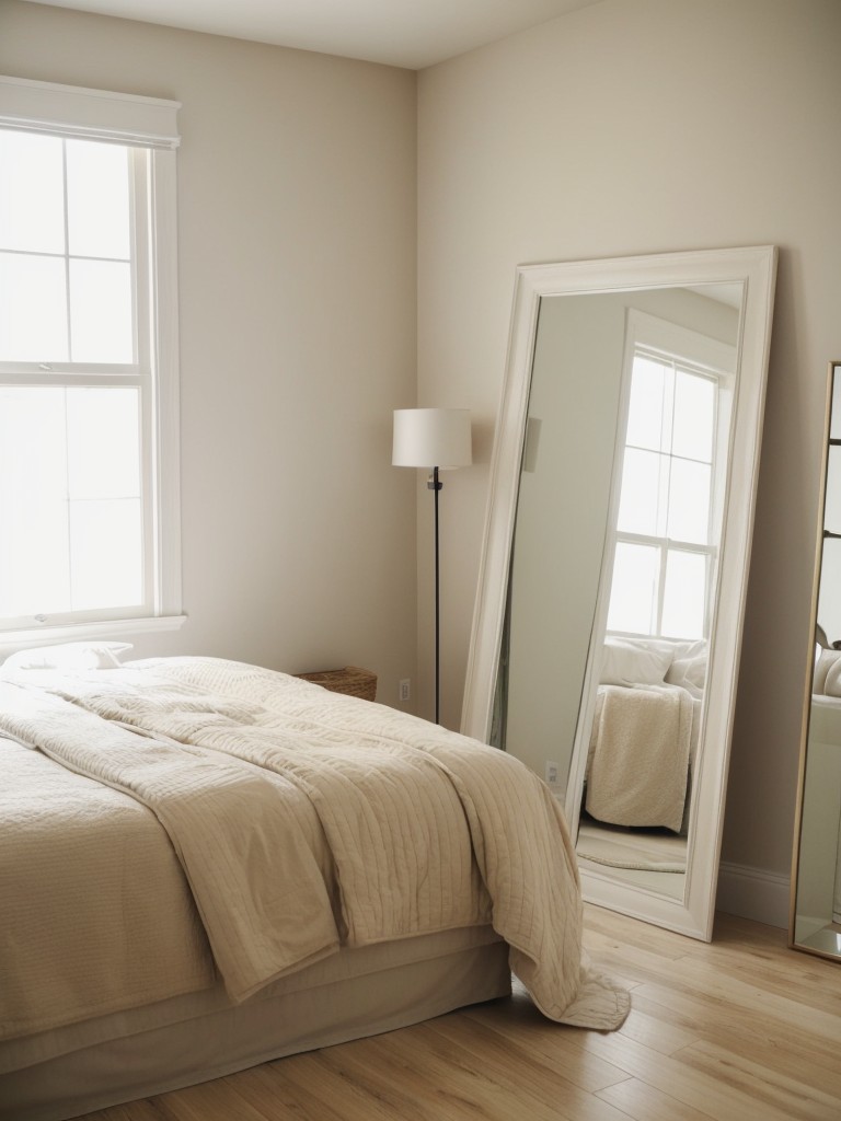 Cozy Beige Bedroom: Enhance Space with a Tall Floor Mirror