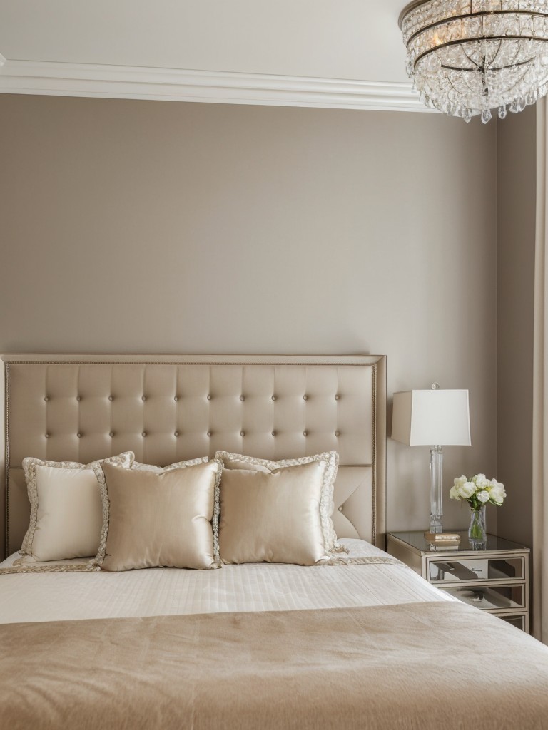 Beige Elegance: Elevate Your Apartment Bedroom with Tufted Headboard and Crystal Chandelier