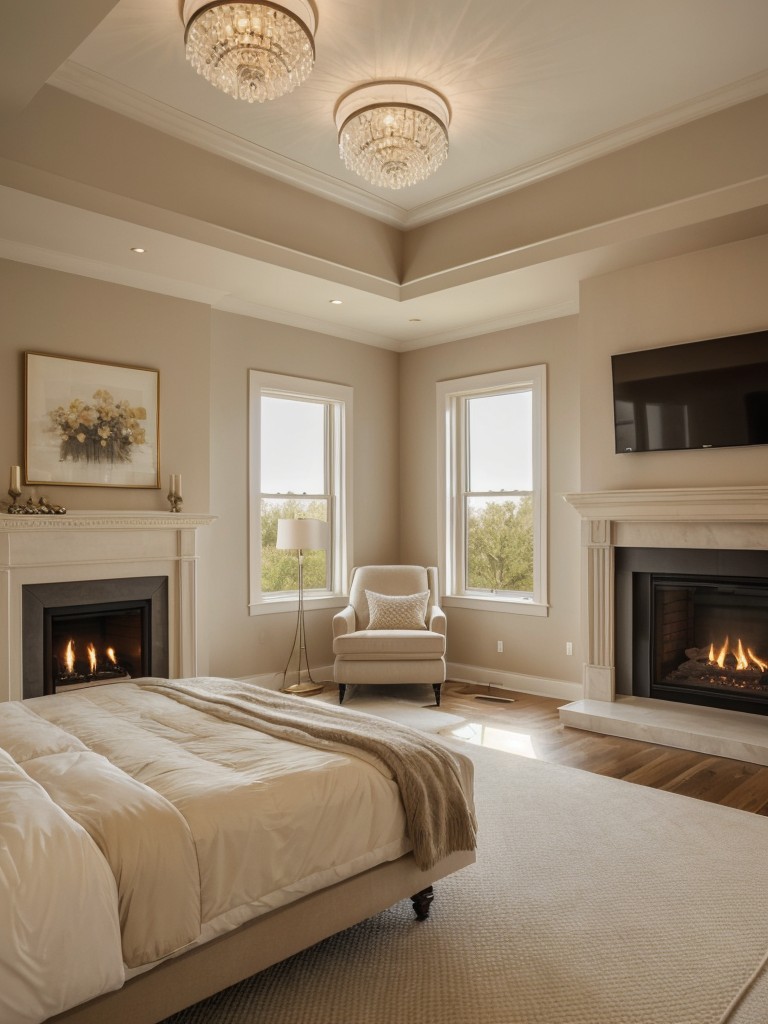 Chic Beige Bedroom Decor: Elevate with a Fireplace