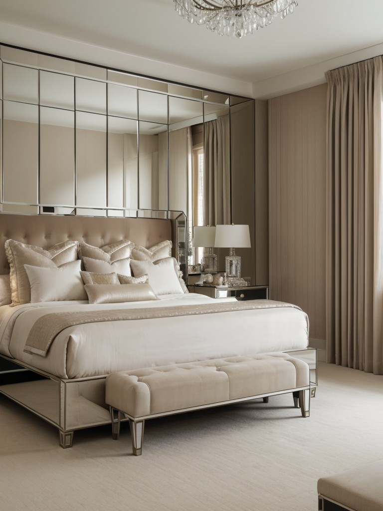 Glam up your bedroom with luxe beige decor and mirrored furniture for an upscale look!