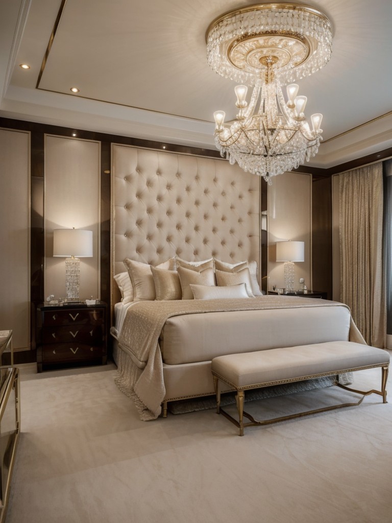 Elevate your bedroom with a luxurious beige decor scheme and stunning chandelier!