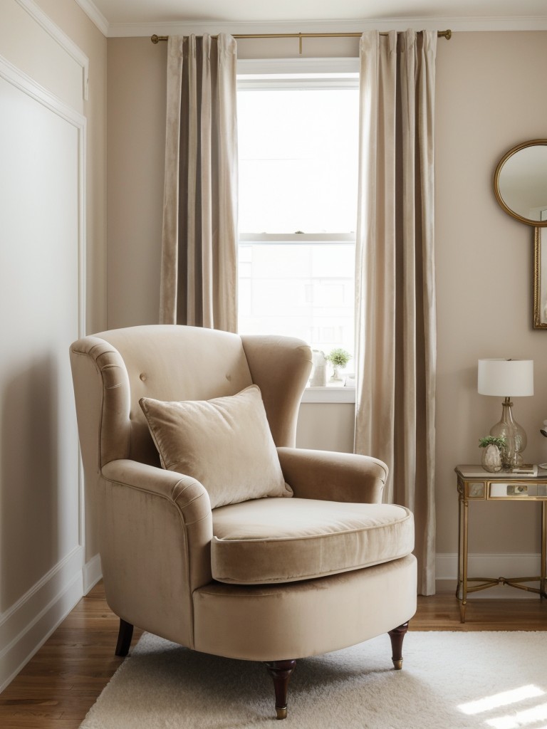 Stunning Beige Bedroom: Create a Chic Reading Nook with a Velvet Armchair!