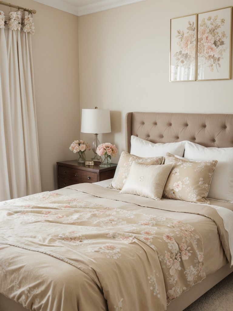 Floral Bliss: Feminine Beige Bedroom Inspo!