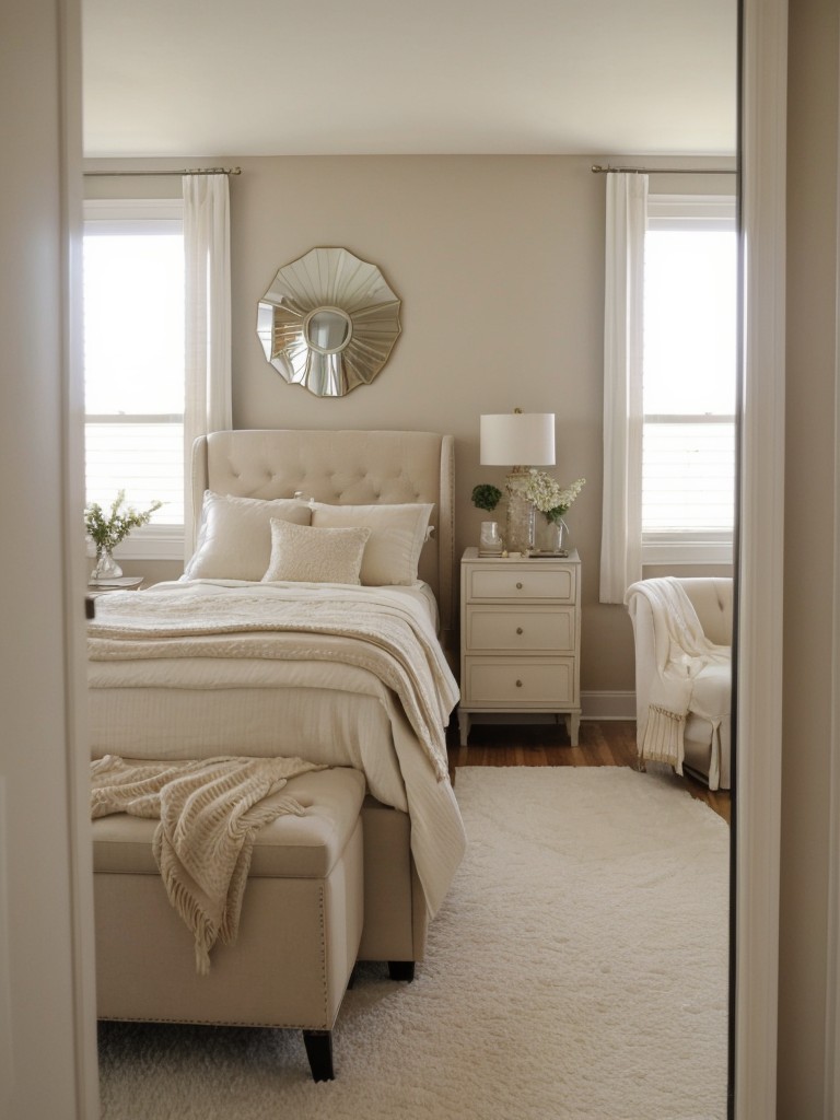 Create Space and Style: Beige Bedroom Decor with Chic Full-Length Mirror