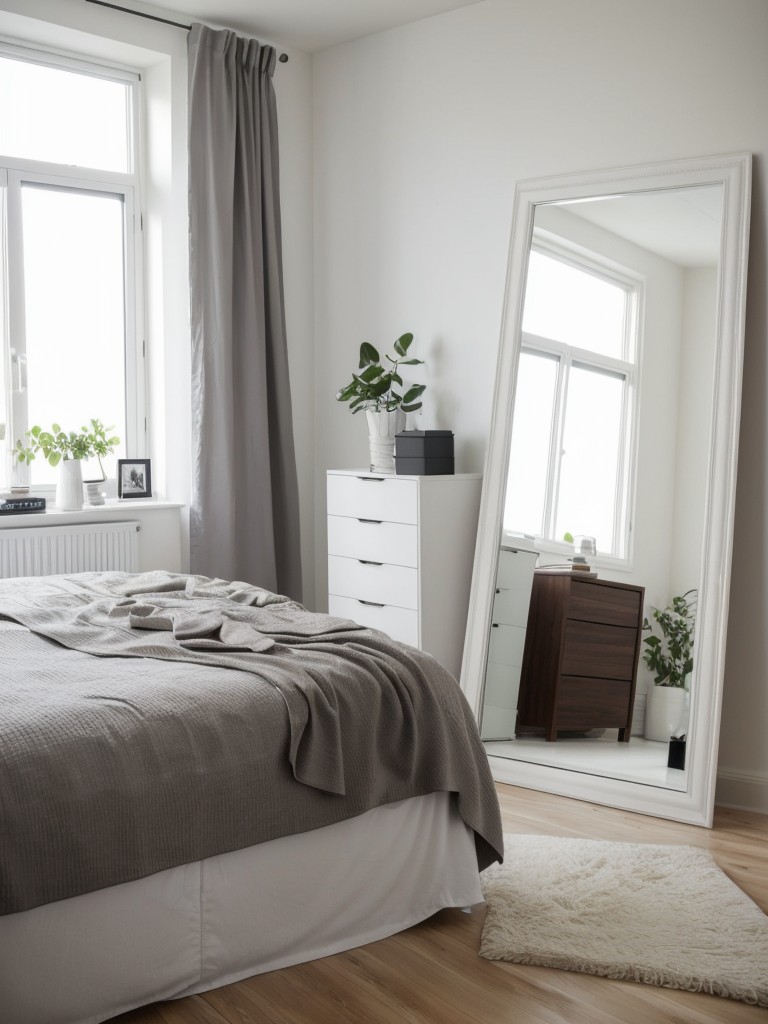 Transform your apartment with chic Scandinavian bedroom decor & a stunning statement mirror!