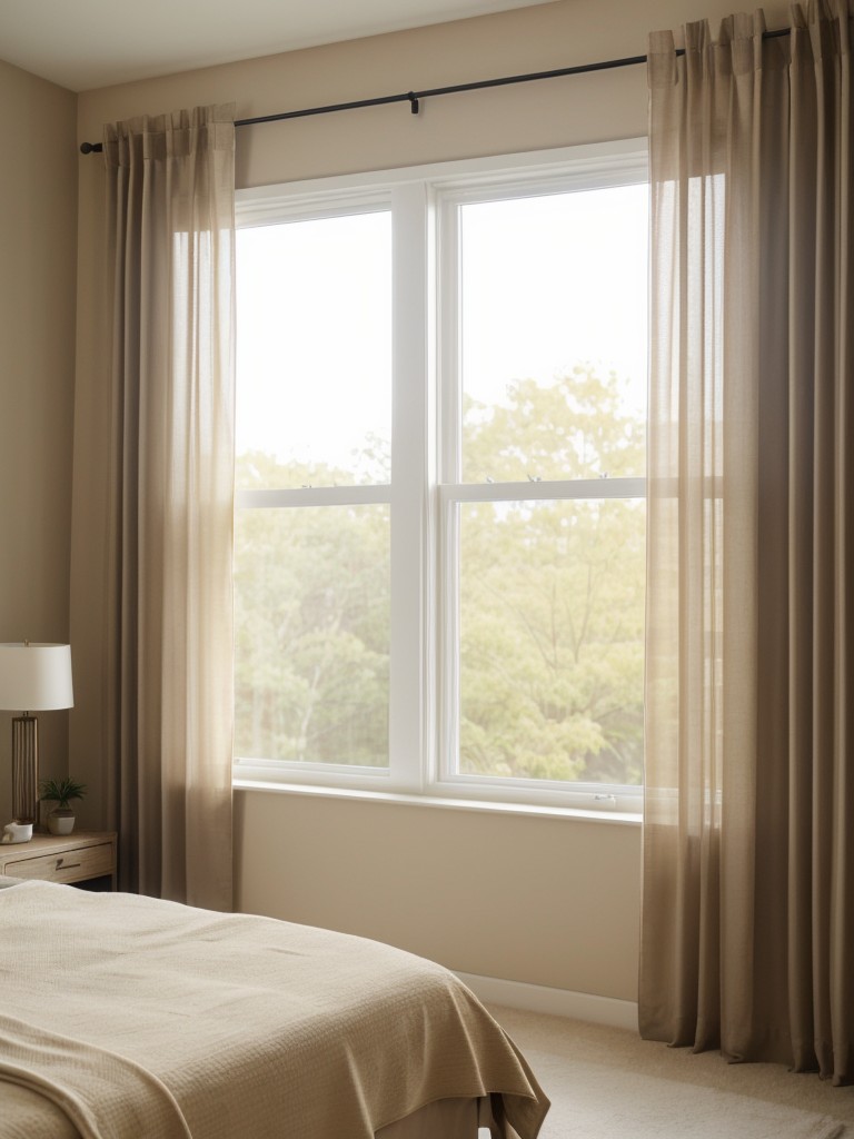 Create a Zen bedroom with beige curtains for natural light.