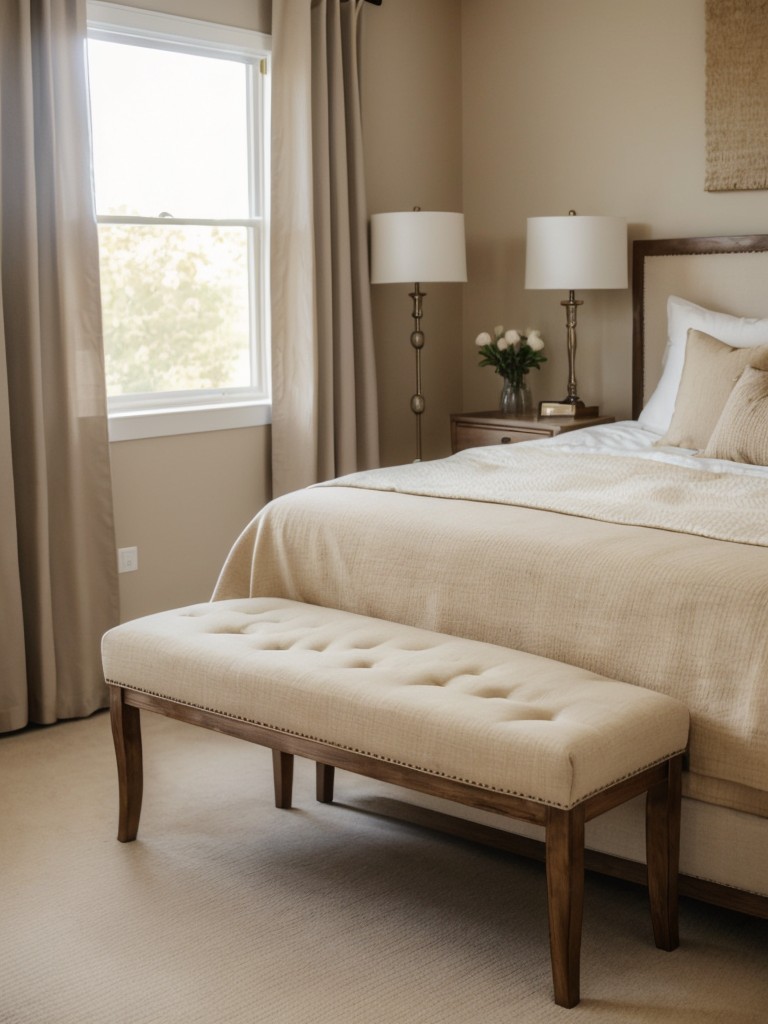 Cozy and Chic: Beige Bedroom Decor with Bench Focal Point!