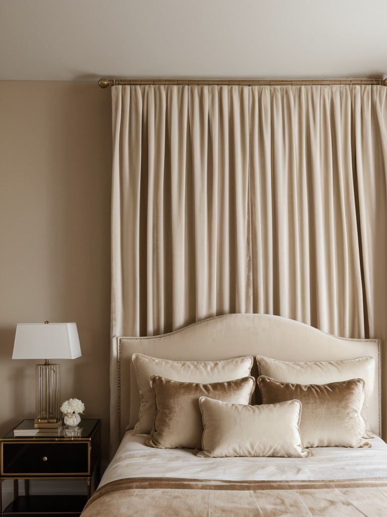 Airy & Elegant: Beige Bedroom Inspo with Velvet Curtains & Plush Headboard