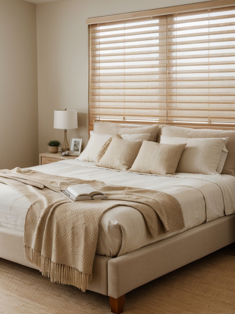 Tranquil Beige Bedroom: Elevate with Bamboo Blinds & Cozy Rug