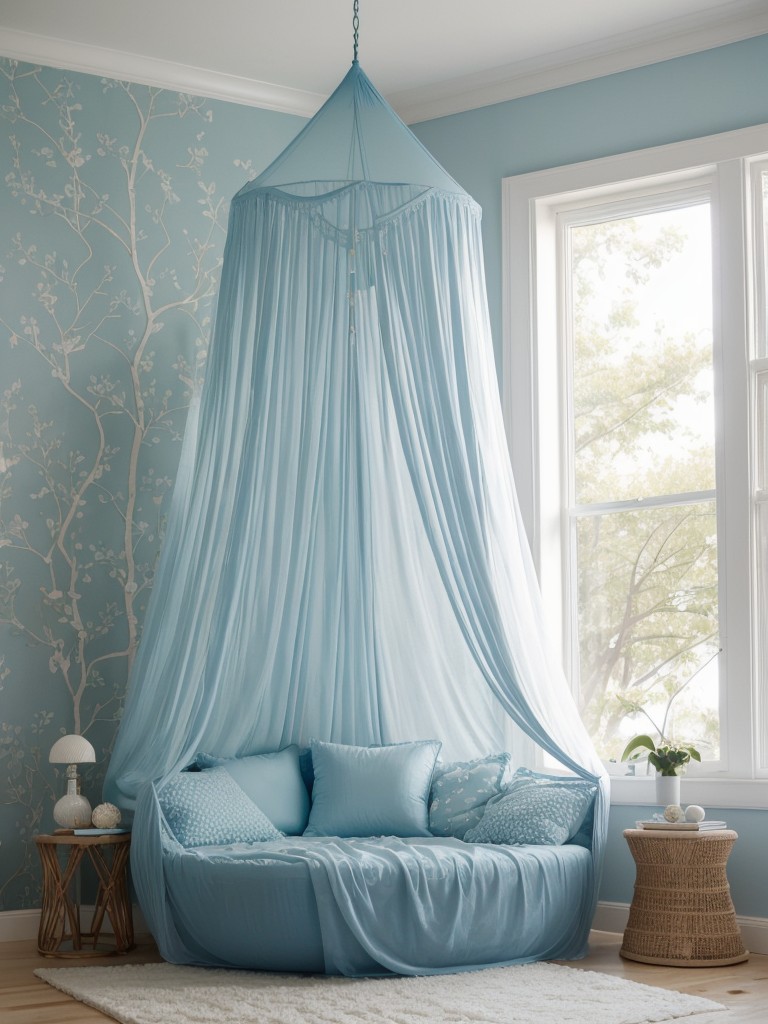 Serene Blue Bedroom with Canopy Bed & Whimsical Touches