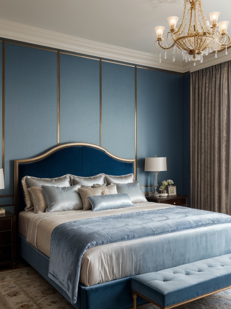 Serene Blue Bedroom Escape: Luxurious Velvet, Silky Drapes, and a Stunning Chandelier!