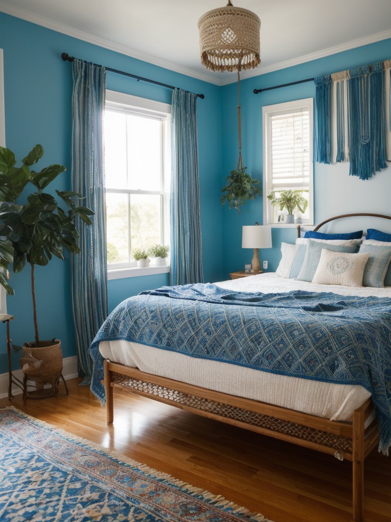 Serene Blue Bedroom: Bohemian Vibe with Tapestries & Macrame Hangings