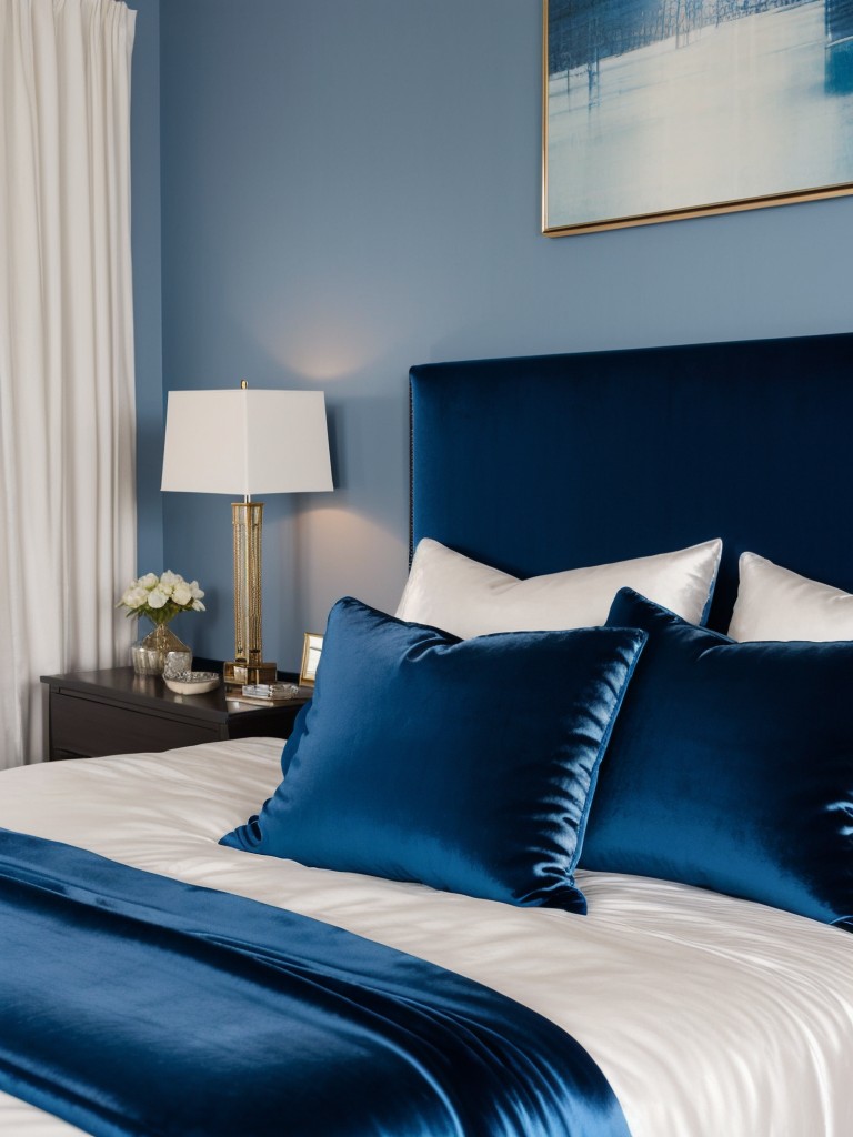 Discover Bliss in a Blue Bedroom Haven. Elevate with Luxe Velvet & Silk Decor!