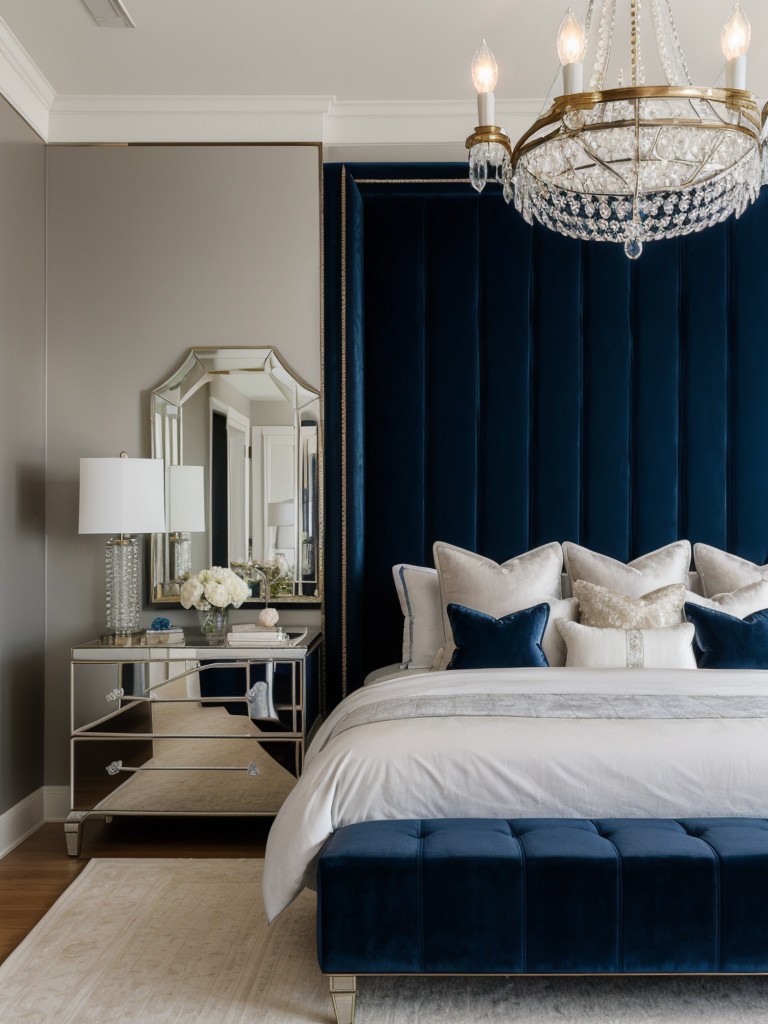 Blue Bedroom Bliss: Create a Luxe Retreat with Velvet Headboard & Crystal Chandelier