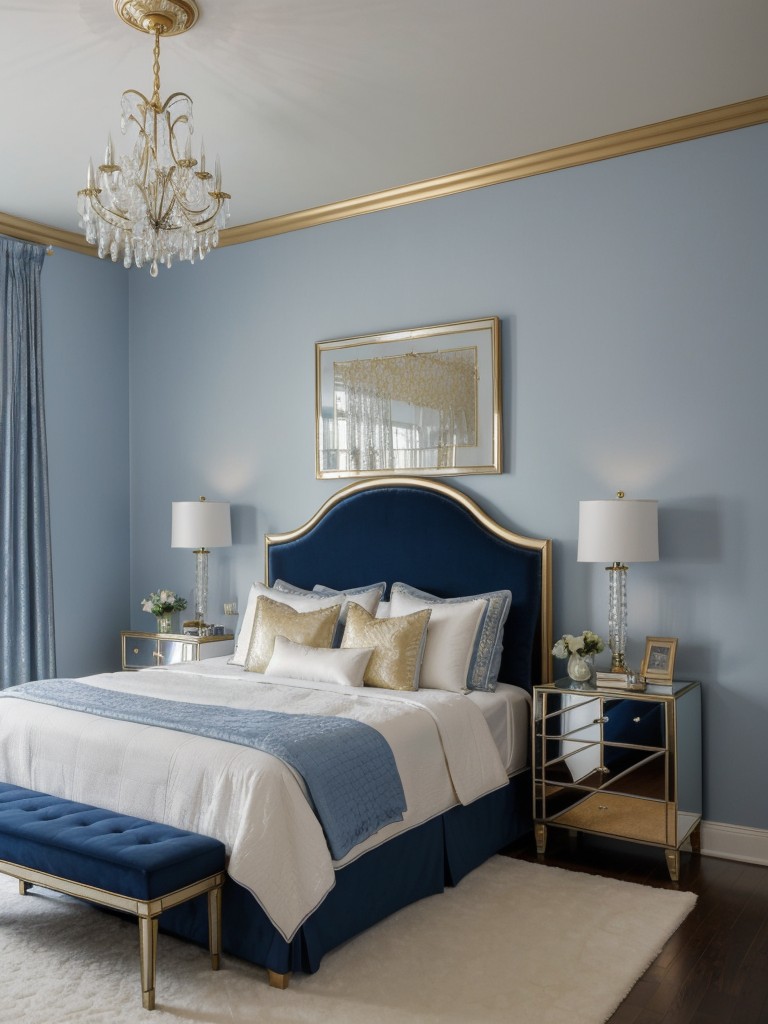 Glamorous Blue Bedroom Decor: Add Metallic Accents & Luxury Touches