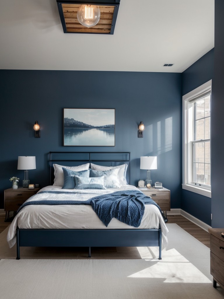 Urban Blue Bedroom Vibes: Industrial-inspired decor for a bold and sleek space.