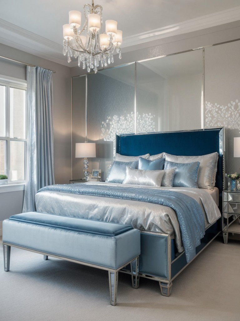 Sparkle & Shine: Glamorous Blue Bedroom Decor for an Elegant Apartment