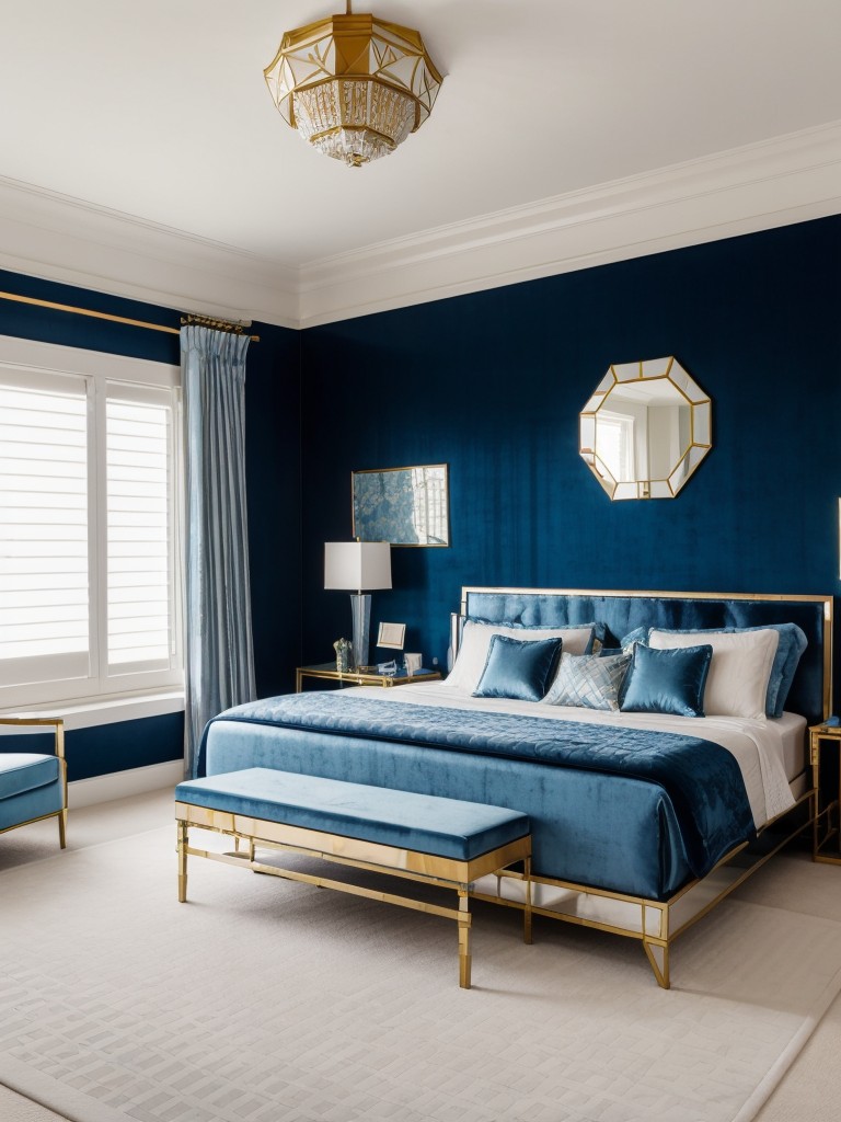 Art Deco-Inspired Blue Bedroom: Geometric Patterns & Velvet Upholstery