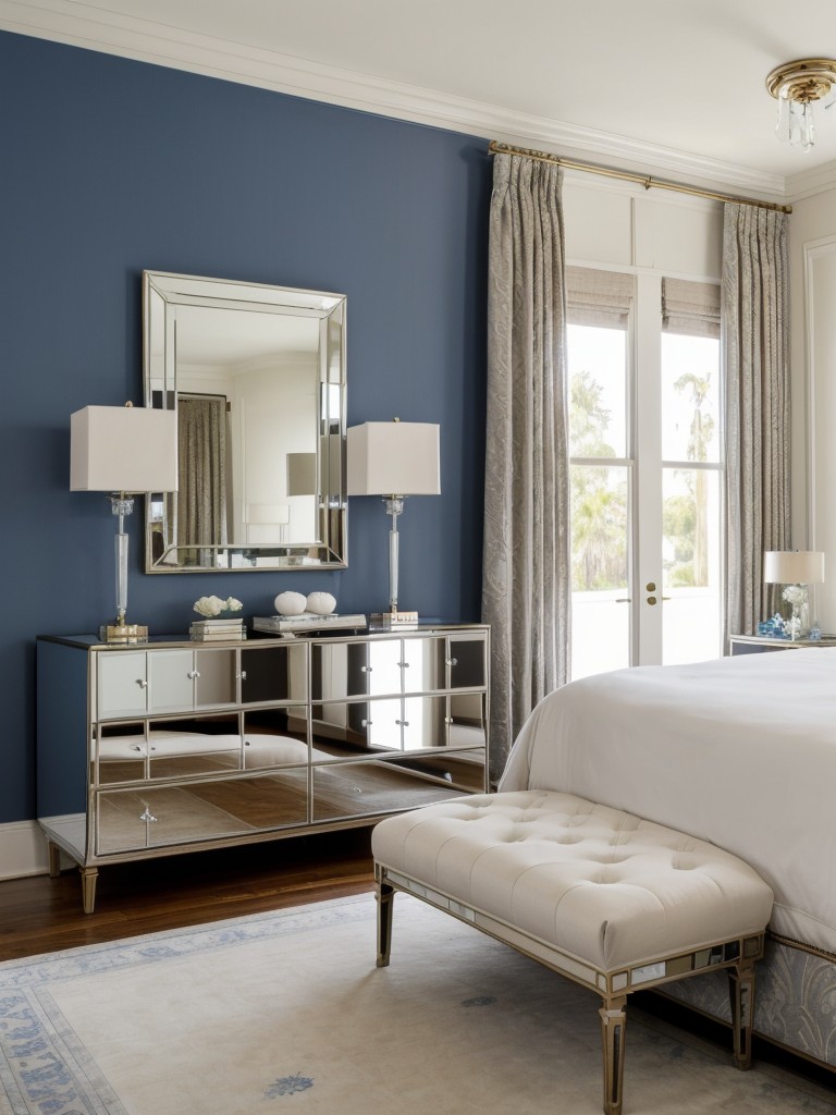 Cozy Blue Apartment Bedroom with Hollywood Regency Glamour!