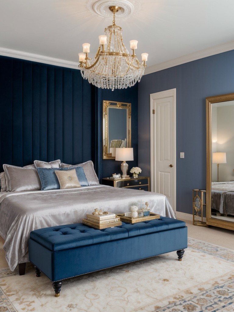 Stunning Blue Bedroom Transformation with Tufted Velvet Ottoman