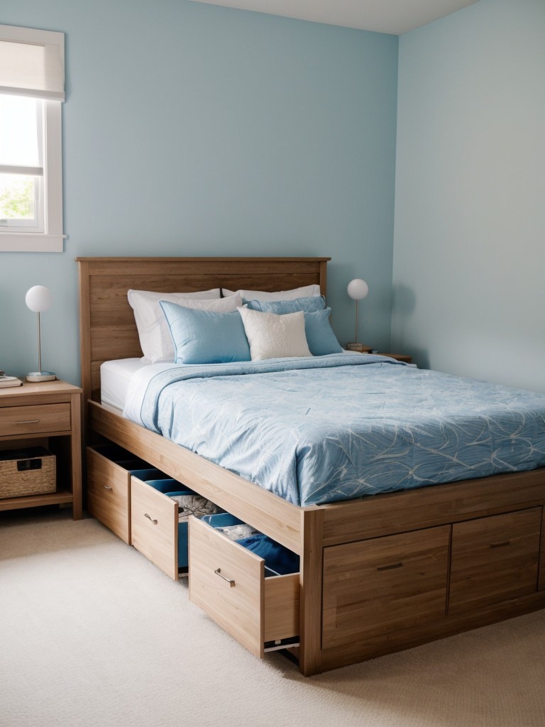 Transform Your Bedroom with Blue Makeover Ideas - Maximize Space with Under-Bed Storage!