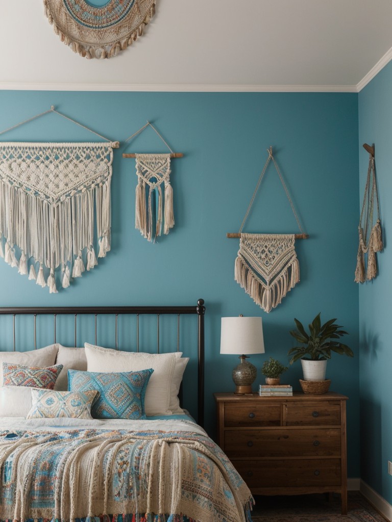 Boho Bliss: Create a Relaxing Blue Bedroom Ambiance with Macrame, Patterns, and Eclectic Furniture