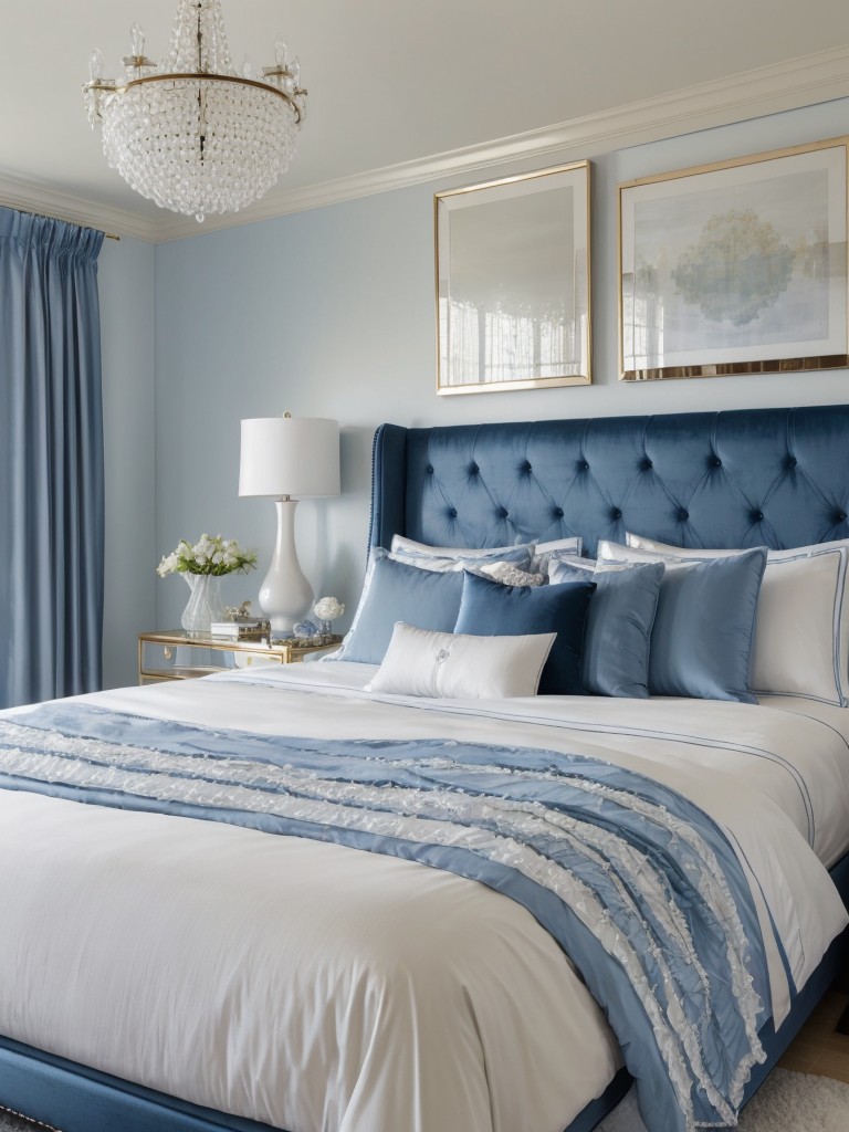 Create a Blue Bedroom Oasis: Plush Bed, Satin Sheets, Crystal Accents